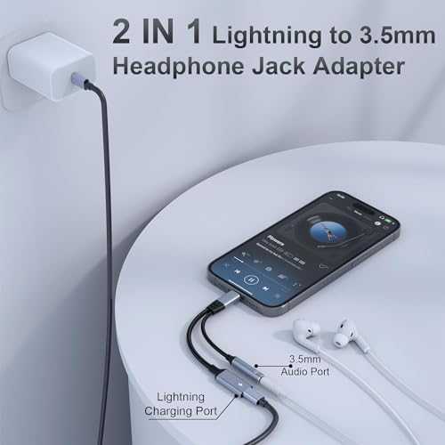 Lightning to 3.5mm Headphone Jack Adapter 【Apple MFi Certified】 2 in 1 iPhone Aux Audio & Charge Adapter, Phone Headphone Adapter Support Music+Charge+Mic+Control Compatible with iPhone 14 13 12 11