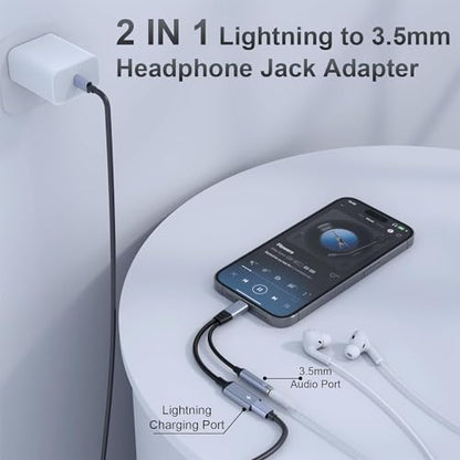 Lightning to 3.5mm Headphone Jack Adapter 【Apple MFi Certified】 2 in 1 iPhone Aux Audio & Charge Adapter, Phone Headphone Adapter Support Music+Charge+Mic+Control Compatible with iPhone 14 13 12 11