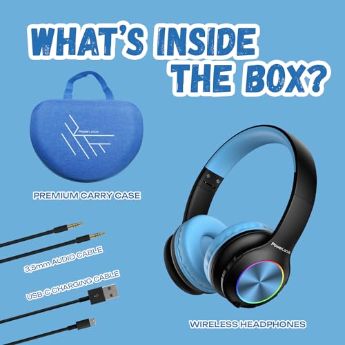 PowerLocus PLED Kids Bluetooth Headphones, Kids Wireless Headphones with LED Lights, 74/85/94dB Safe Volume, Micro SD, AUX Cable, Hi-Fi Stereo, Built-in Mic Over Ear Kid Headphone for Travel/Tablet/PC - color: Black/Blue