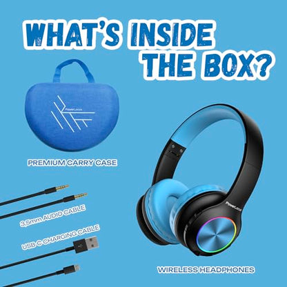 PowerLocus PLED Kids Bluetooth Headphones, Kids Wireless Headphones with LED Lights, 74/85/94dB Safe Volume, Micro SD, AUX Cable, Hi-Fi Stereo, Built-in Mic Over Ear Kid Headphone for Travel/Tablet/PC - color: Black/Blue