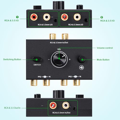 RCA 3.5mm Port 1 in 2 Out / 2 in 1 Out Bi-Directional Audio Switcher, 2-Way Stereo L/R Sound Channel Speaker Headphone Audio Switch Selector Splitter Box