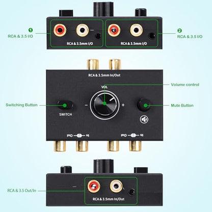RCA 3.5mm Port 1 in 2 Out / 2 in 1 Out Bi-Directional Audio Switcher, 2-Way Stereo L/R Sound Channel Speaker Headphone Audio Switch Selector Splitter Box