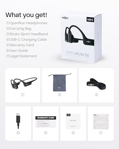SHOKZ OpenRun Mini Bone Conduction Headphones, Black, USB-C Charging | Bundle with Sweat Headband；Open ear comfort; Lightweight & Secure fit; IP67 water resistance; 8H battery; Running/Cycling - color: Black, size: Mini Size+USB-C Charging