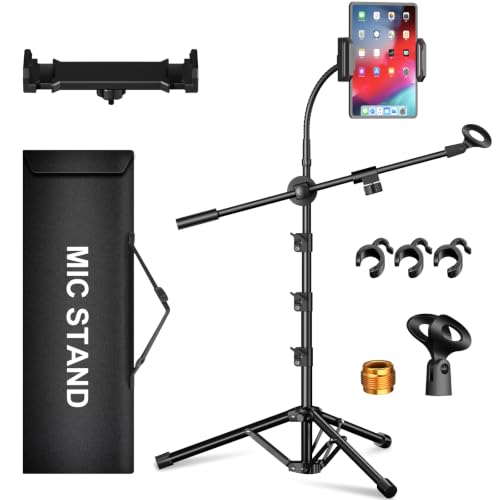 Mic Stand, 6-in-1 Microphone Stand with Floor Boom, Support Boom, Gooseneck, Mic Clips, Tablet Phone Holder, Black, Metal, Portable, Adjustable - size: Large