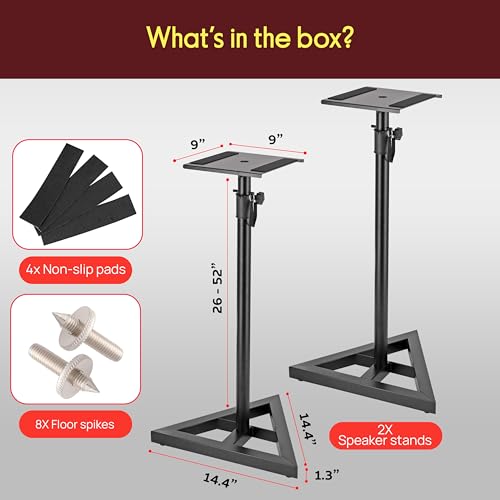 Pyle Speaker Stand Pair of Sound Play 1 and 3 Holder - Telescoping Height Adjustable from 26” - 52” Inch High Heavy Duty Three-point Triangle Base w/ Floor Spikes and 9” Square Platform, Black