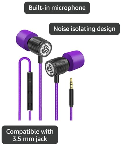 LUDOS Ultra Wired Earbuds in-Ear Headphones, 5 Years Warranty, Earphones with Microphone, Noise Isolating Ear Buds, Memory Foam for iPhone, Samsung, School Students, Kids, Women, Small Ears - Purple - color: Purple, style: 3.5 mm