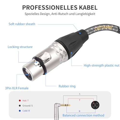 6Feet Balanced XLR Female to Right Angle 1/4 TRS Mixer Cable,Right Angle 6.35mm to 3pin XLR Female Audio Cable for Microphone Mixer Amplifier - size: 6Feet