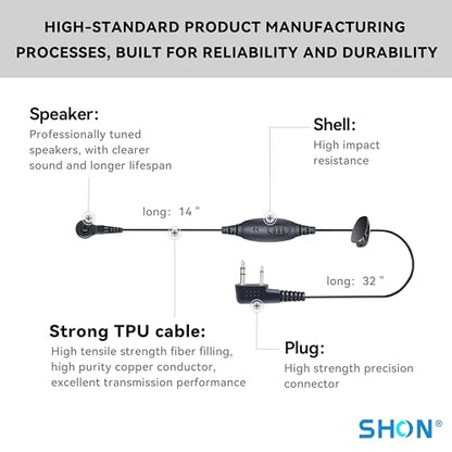 SHON Earpiece for Walkie Talkie Radio with Microphone, 2 Pin Sound Tube Headset,Compatible with Kenwood Baofeng Retevis and Other Two Way Radios (1 Set/Black)