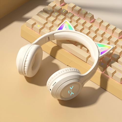Cat-Ear Wireless Headphones Bluetooth 5.3 Over the Ear Headphones with RGB Light Built-in Mic Foldable Fashionable Stereo Headset Support TF Card for Gaming Travel PC Phone iPad（Cream White） - color: Cream White