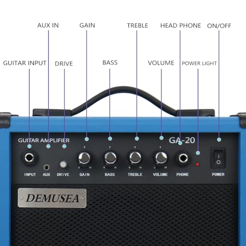 20W Electric Guitar Blue Amplifier Guitar Amp Practice Small Portable Travel with Headphone Jack Aux Distortion Gain Treble Bass Volume with 3 Meters Cable Adapter Pick Earphone Aux Cable - color: Blue
