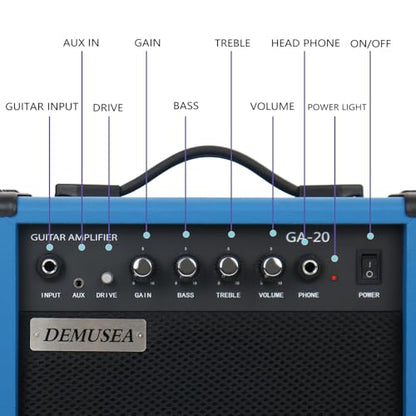 20W Electric Guitar Blue Amplifier Guitar Amp Practice Small Portable Travel with Headphone Jack Aux Distortion Gain Treble Bass Volume with 3 Meters Cable Adapter Pick Earphone Aux Cable - color: Blue
