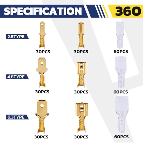 haisstronica 360 PCS Brass Open Barrel Spade Connector, 3 Widths | Dual-Crimp Wings for Wire and Insulation Grip, 2.8/4.8/6.3mm, Auto, Trailer and Marine Wiring, Speaker Wire Connectors - size: 360