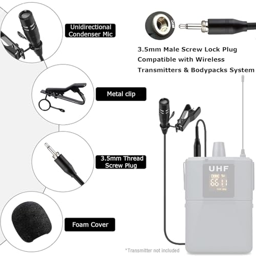 Lavalier Microphone Lapel Mic for Bodypack Transmitter System | Unidirectional Condenser Super Cardioid Clip-On Mic for Wireless Bodypack Transmitter System with 3.5mm Thread Screw Plug - style: 3.5mm Thread screw Plug