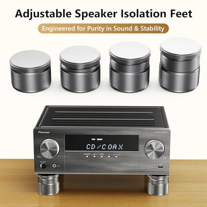 Adjustable Speaker Isolation Feet, Anti-Vibration, 4 Pack, Gray | 0.9-1.5 Inch Adjustable, 500 lbs Capacity, Metal Non-Slip Silicone, Speaker Subwoofer Turntable, Vibration Damping Set of 4 - color: Grey