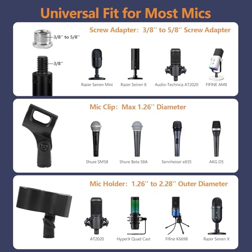 Desktop Microphone Stand for Podcast Recording | 9-16.5“ Height Adjustable Mic Stand for Desk with 1.3 lb Weighted Base, Universal 3/8” to 5/8" Adapter and 2 Clips - size: Mic Stand Desktop
