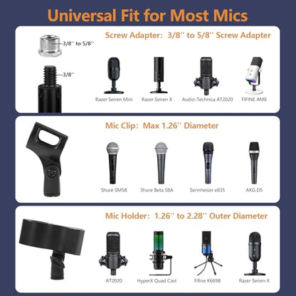 Desktop Microphone Stand for Podcast Recording | 9-16.5“ Height Adjustable Mic Stand for Desk with 1.3 lb Weighted Base, Universal 3/8” to 5/8" Adapter and 2 Clips - size: Mic Stand Desktop