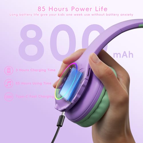 Candy Bila Kids Bluetooth 6.0 Headphones, LED Light, 85Hours Playtime - color: Green and Purple