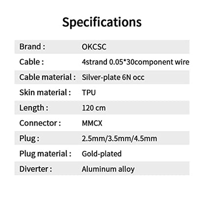 Earphone Cable MMCX Cable Silver Plated High Purity Monocrystalline Copper Fits for Final Audio E4000/E5000/B1/B2/B3/A8000/Make1/Make2/Make3 IEM Cable with 3.5mm Plug