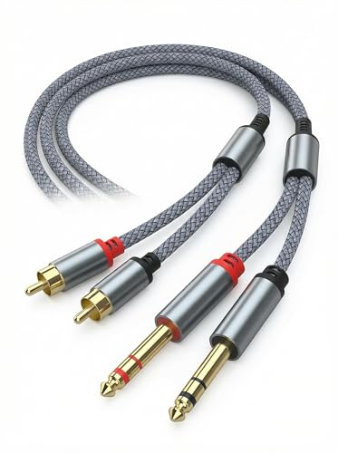 Dual RCA to Dual 1/4 Inch Cable 3.3ft, 2 RCA Male to 6.35mm Male TS Audio Adapter, Gray Nylon Braided Cord for Mixer, Amplifier, Speaker, Powered Subwoofer, Home Theater (1 Meter)