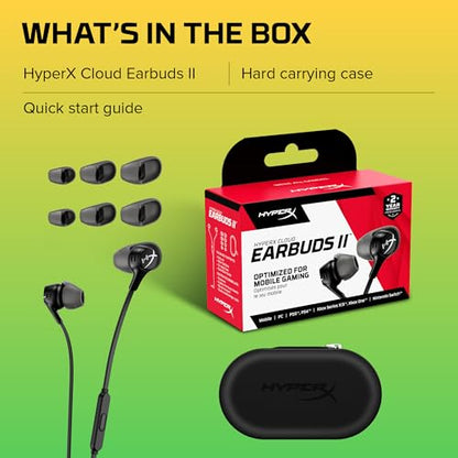 HyperX Cloud Earbuds II – 14mm Drivers, Four Eartips, Hard-Shell Carrying Case, Low-Profile 90° Plug, 3.5mm Plug, Built-in Microphone, Multi-Function Button, PC, Mobile, Nintendo Switch – Black - color: Black