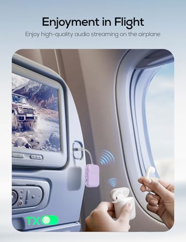 Nulaxy Air in-Flight Bluetooth Wireless Audio Transmitter Receiver for up to 2 AirPods Wireless Headphones, Bluetooth Adapter for All 3.5mm Aux Jacks on Airplanes, Purple