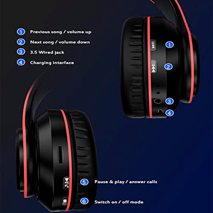 LED Bluetooth Over Ear Headphones, Foldable Wireless Headset with Mic Red | 40mm Driver, Wired & Wireless Dual Mode, Colorful Rhythm LED Lights, Lightweight Comfort Fit, for Adults Home Travel Gift - color: Red Black