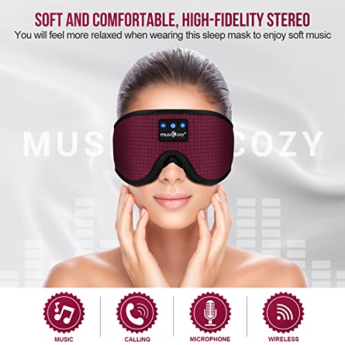 MUSICOZY 3D Sleep Headphones Bluetooth 5.4 Breathable Sleep Eye Mask | Cooling Fabric Lining with Blackout Design for Side Sleeper, HD Stereo Sound, 14 Hours Playtime for Sleep, Travel, Relaxation - color: Maroon Red
