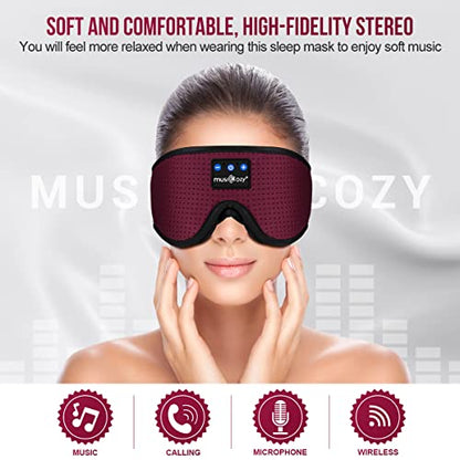 MUSICOZY 3D Sleep Headphones Bluetooth 5.4 Breathable Sleep Eye Mask | Cooling Fabric Lining with Blackout Design for Side Sleeper, HD Stereo Sound, 14 Hours Playtime for Sleep, Travel, Relaxation - color: Maroon Red