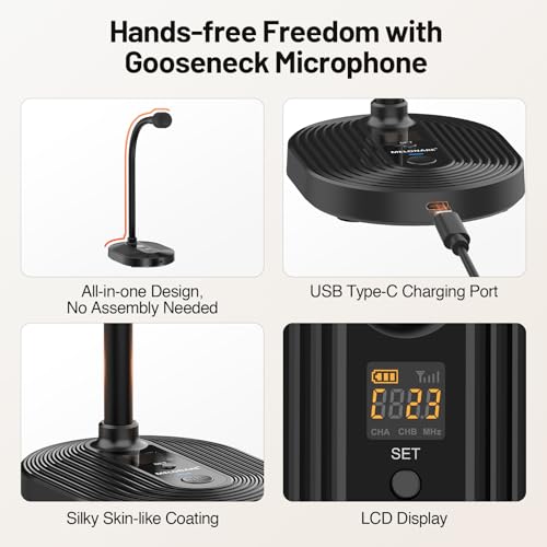 MELONARE 4-Channel Wireless Conference Microphone System MWM-41-4G | 4 gooseneck mics, 4 x 10 frequencies, 200 ft range, UHF cordless setup for lecture, church, conference and public speaking - size: 4 Gooseneck Mics