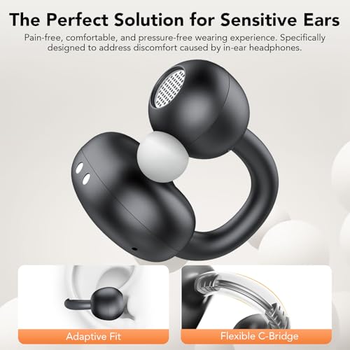 Clip on Earbuds Open Ear Wireless Bluetooth 5.4 Headphones with Noise Cancelling Mic, 48H Playtime Ear Buds,IP68 Waterproof, Comfortable for Small Ears (Black)