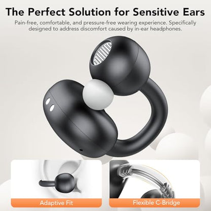 Clip on Earbuds Open Ear Wireless Bluetooth 5.4 Headphones with Noise Cancelling Mic, 48H Playtime Ear Buds,IP68 Waterproof, Comfortable for Small Ears (Black)