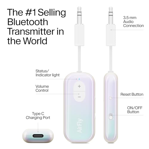 Twelve South AirFly SE Iridescent Bluetooth Wireless Audio Transmitter Receiver for AirPods or Wireless Headphones - Use with Any 3.5mm Audio Jack for Airplane, Gym Equipment, TV, iPad/Tablet and Auto