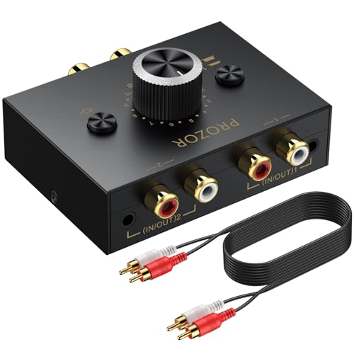 PROZOR 3.5mm & RCA Bi-Directional Audio Switch, 2-in-1-Out / 1-in-2-Out | Passive Splitter with Volume Knob & Mute Button, Stereo L/R Audio Switcher Selector Box for Headphones, Amplifiers, Speakers - color: Black 2-1 RCA&3.5mm