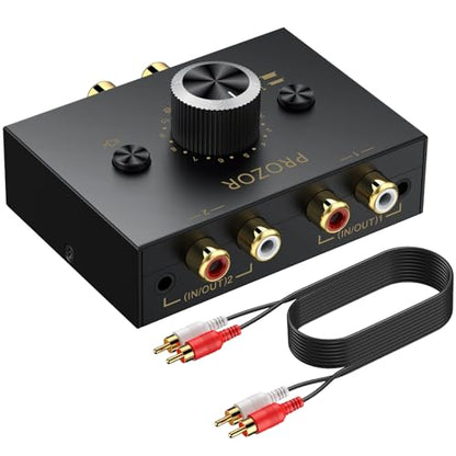 PROZOR 3.5mm & RCA Bi-Directional Audio Switch, 2-in-1-Out / 1-in-2-Out | Passive Splitter with Volume Knob & Mute Button, Stereo L/R Audio Switcher Selector Box for Headphones, Amplifiers, Speakers - color: Black 2-1 RCA&3.5mm