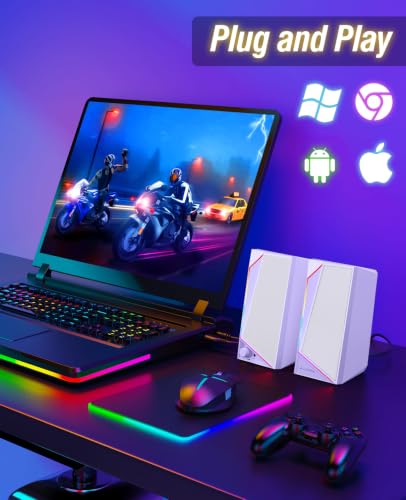 LENRUE Computer Speakers, USB/USB-C Powered AUX Audio for PC Speakers with Loud Stereo Sound, Headphone-in, Touch Lights for Desktop, Computer, Laptop, Desk（USB-C to USB Adapter Included - color: Purple