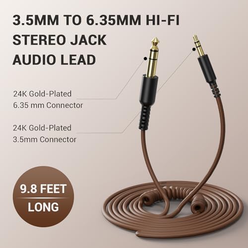 OneOdio 6.35mm to 3.5mm 6.6-9.8FT Stereo Adapter Cable Compatible with AMPs, Electronic Keyboards, Mixers, Guitars and Pro10/Pro30/Pro50 Headphones of OneOdio-Brown - color: Brown