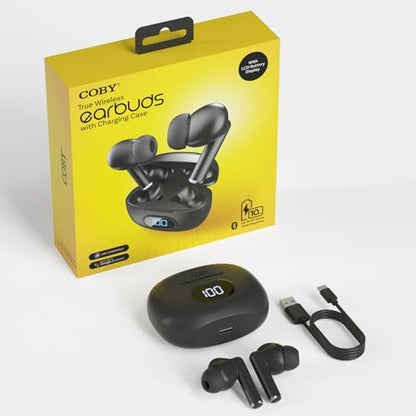 Coby True Wireless Earbuds with LCD Battery Readout Charging Case, Mini Bluetooth in-Ear Headphones with Built-in Mic, Lightweight Design, Noise-Isolating and Secure Fit, 10-Hour Playtime, Black - color: Black