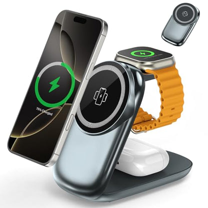 3 in 1 Folding Charging Station for iPhone 16e/16/15/14/13/12 Compatible with Apple Watch 10/9/8/7/6/5/4/3 Ultra,Wireless Charging Station for Airpods/4/3 pro - color: Grey