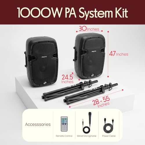 Pyle 10" Wireless Portable PA System - 1000W High Powered Bluetooth Compatible Active + Passive Pair Outdoor Sound Speakers w/USB SD MP3 AUX - 35mm Mount, 2 Stands, Microphone, Remote - PPHP1049KT - size: 10 in