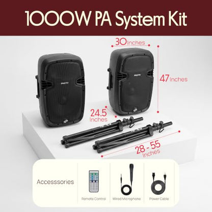 Pyle 10" Wireless Portable PA System - 1000W High Powered Bluetooth Compatible Active + Passive Pair Outdoor Sound Speakers w/USB SD MP3 AUX - 35mm Mount, 2 Stands, Microphone, Remote - PPHP1049KT - size: 10 in