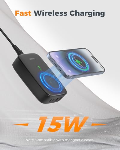 TESSAN 65W USB Charging Station, 6-in-1 USB Charger with Wireless Charging | 15W fast wireless charging compatible with iPhone 17/16/15, 2 USB C, 2 USB A for Tablet and Laptop, Home Office Accessories