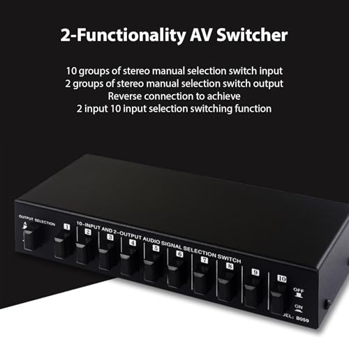 Av Switcher, Audio Video Selector 10 in 2 Out, Composite Box for TV, MP3 CD Player, Video Game with Plug and Play, No Power Needed,Smooth Switching,High Fidelity Sound Reproduction