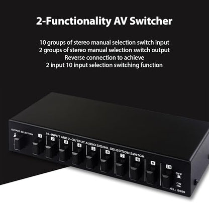 Av Switcher, Audio Video Selector 10 in 2 Out, Composite Box for TV, MP3 CD Player, Video Game with Plug and Play, No Power Needed,Smooth Switching,High Fidelity Sound Reproduction