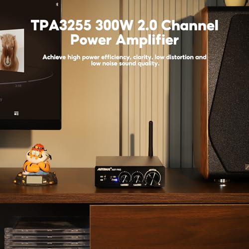 AIYIMA A07 Pro TPA3255 Stereo Amplifier Bluetooth 5.2 300Wx2 HiFi Class D Amp 2.0/2.1 Channel Audio Power Amp for Home Audio Speaker with Bass Treble knobs& 3.5mm Line Output,Supports 24-48V | Desktop Receiver with Bass/Treble Tone Controls.Class D Integr
