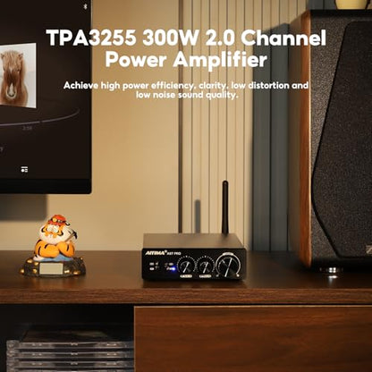 AIYIMA A07 Pro TPA3255 Stereo Amplifier Bluetooth 5.2 300Wx2 HiFi Class D Amp 2.0/2.1 Channel Audio Power Amp for Home Audio Speaker with Bass Treble knobs& 3.5mm Line Output,Supports 24-48V | Desktop Receiver with Bass/Treble Tone Controls.Class D Integr