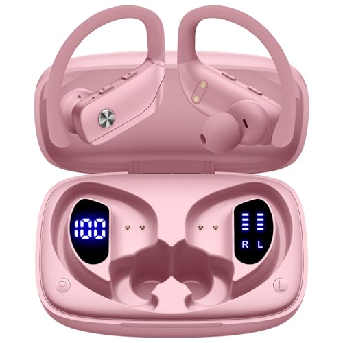 bmani Ear Buds Wireless Earbuds Bluetooth Headphones with 80H Playtime LED Display Case, Over-Ear Hook with Mic, Stereo Sound, Easy Button Controls, Sports Earphones for Running Workout Gym Pink - color: Pink, style: Standard
