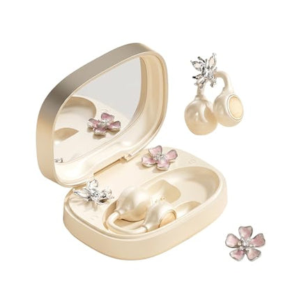 Open Ear Wireless Earbuds for Women with Makeup Mirror Charging Case, Clip-on Bluetooth 6.0 Headphones with Spatial Audio, Includes Flower & Butterfly Earrings, Long Battery Life - color: Cream White