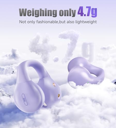 King Lucky i21 Open Ear Clip On Earbuds Wireless Bluetooth Ear Clip Headphones with Mic,Noise Cancelling, Waterproof IPX4,for Small Ears,Perfect for Running,Sports,Glasses Wearers (Purple) - color: Purple