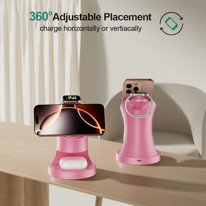 Wireless Charger,3 in 1 Magnetic Wireless Charger Stand, Fast Wireless Charging Dock for iPhone 17/16/15/14/13/12 Series, Apple Watch Series, AirPods Pro. - color: Pink
