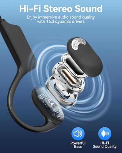 Open Ear Headphones with Mic, Bluetooth Headset with AI Noise Cancellation Microphone Air Conduction Headphones Bluetooth 5.4 Wireless Headset with Mic for Work Call Meeting Driving Sports（Black）